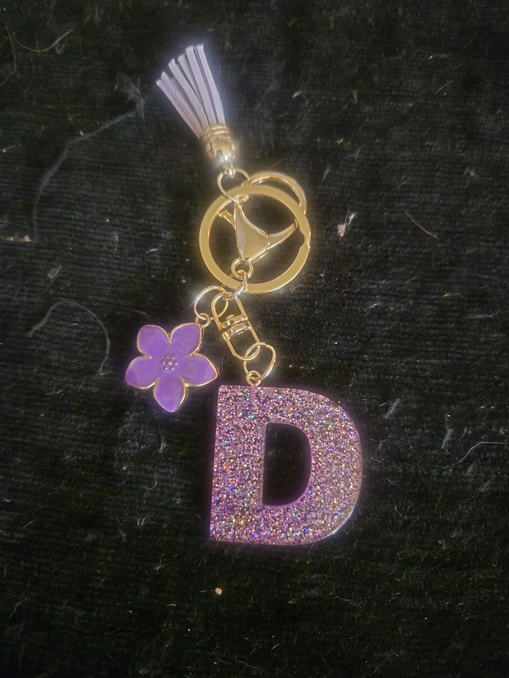 Personalized Purple 'D' Initial Keychain, BAG Purse Charm with Flower Charm - Picture 1 of 3